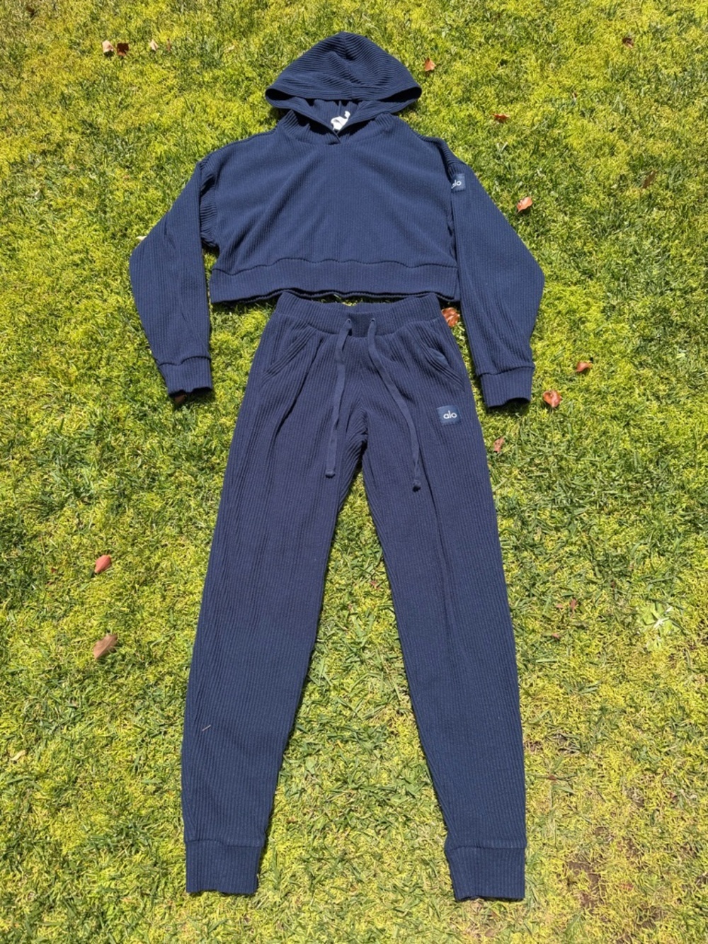 Alo Yoga Muse Crop Hoodie Jogger Set Ribbed Navy Blue Limited Edition XS HTF GUC